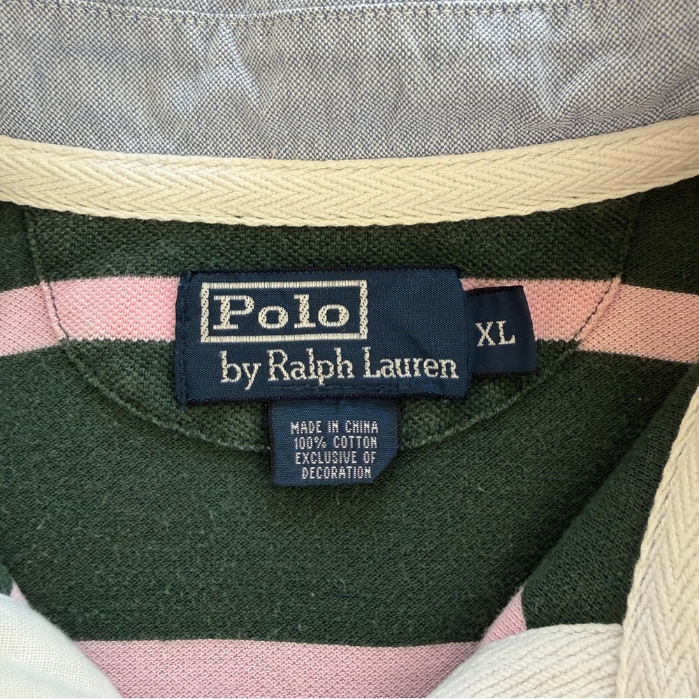 Polo Ralph Lauren Crest Striped Rugby Polo Green Pink Embroidered Logo Shirt - Picture 7 of 9
